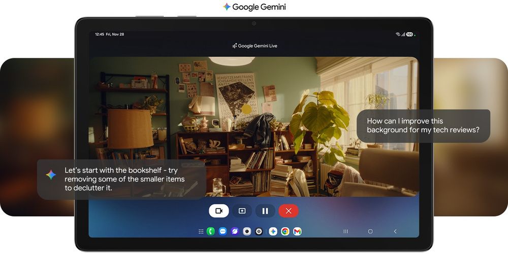 Samsung Galaxy Tab A11+ mostrando una conversación con Gemini Live sobre la decoración de una habitación.
