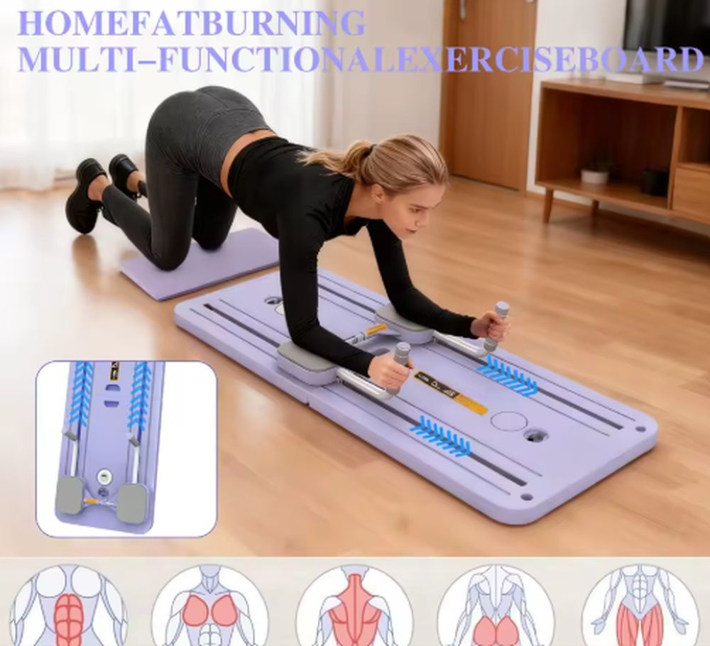 Mujer entrenando con una tabla multifuncional de suelo con agarres deslizantes
