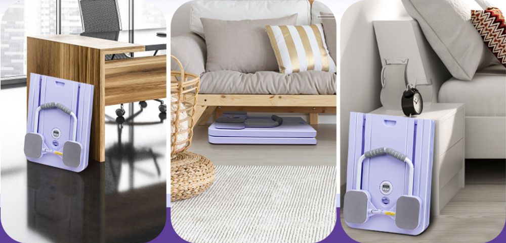 Tabla de pilates Clover morada plegada y guardada en distintas zonas de una vivienda.