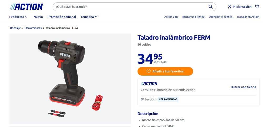 Taladro inalámbrico FERM de 20 V a la venta en Action.
