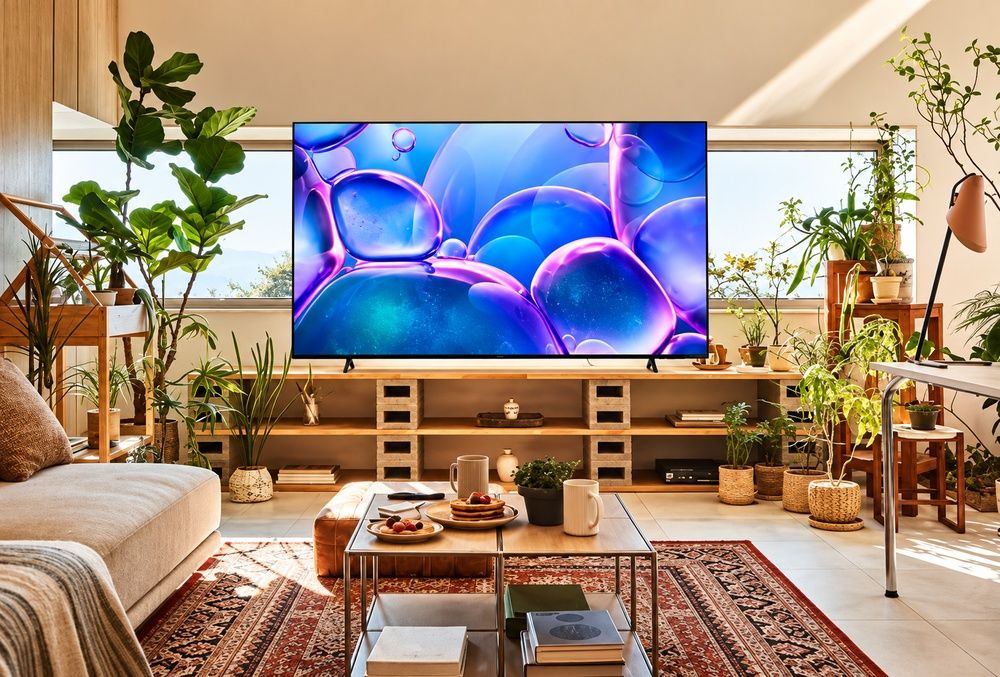 Televisor Samsung 4K instalado en un salón con una imagen colorida en pantalla.