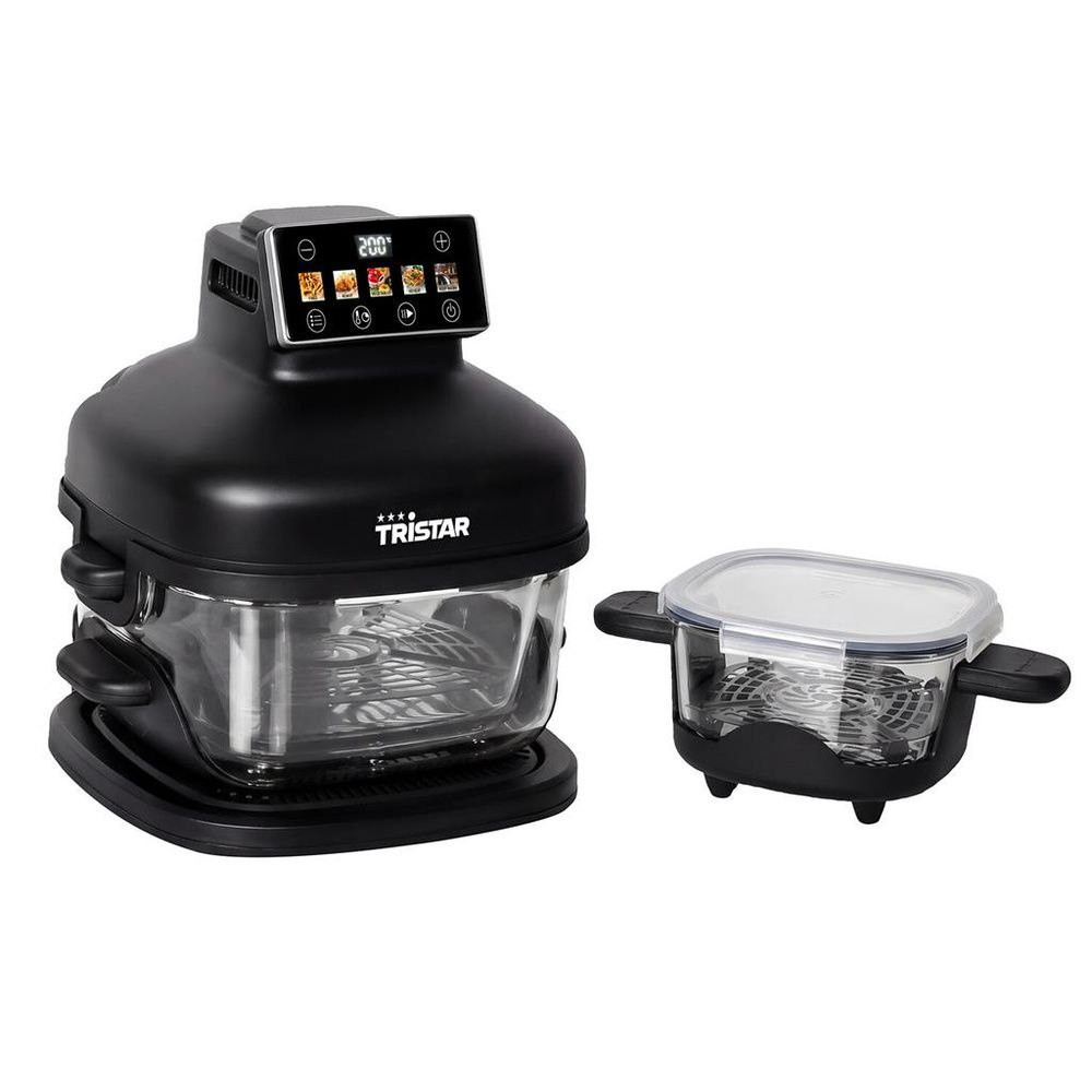 Freidora Tristar negra con panel digital, recipiente de vidrio y una segunda fuente con tapa a su lado.