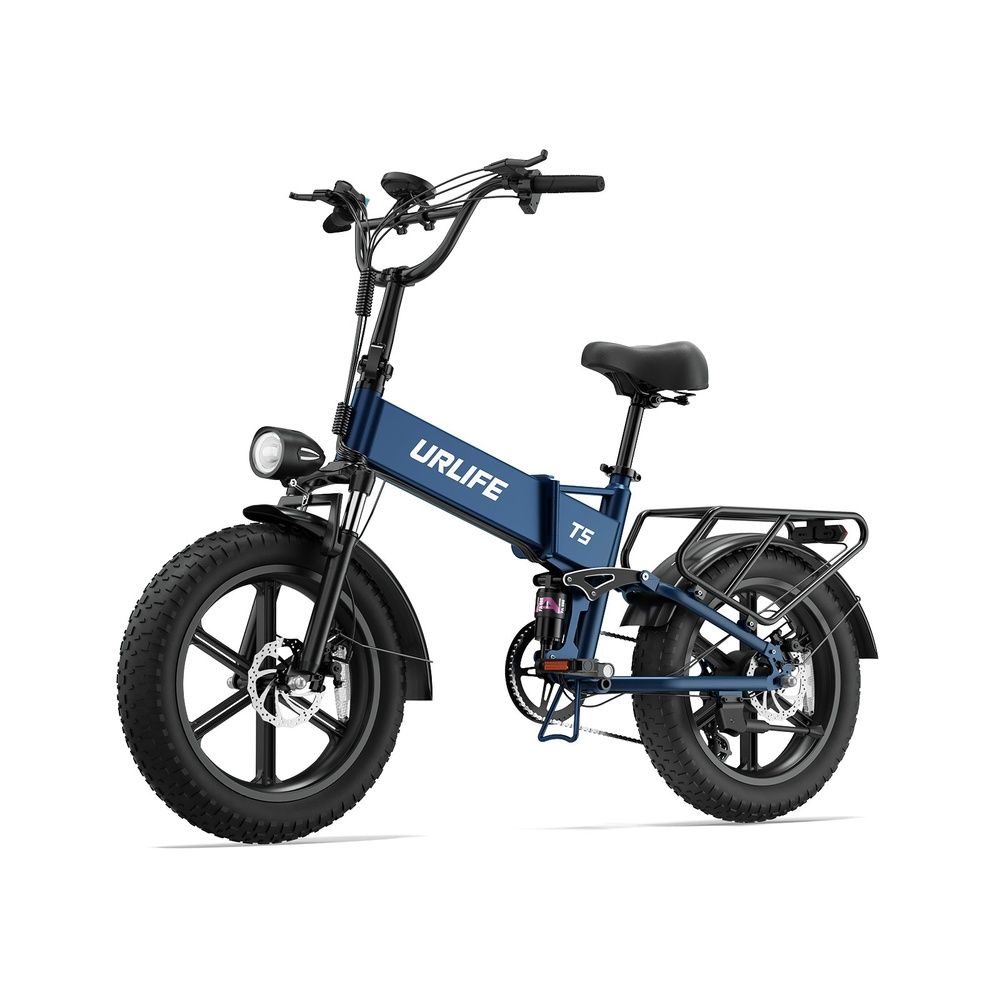 Bicicleta eléctrica UrLife T5 azul sobre fondo blanco, con portaequipajes trasero, guardabarros y neumáticos anchos.