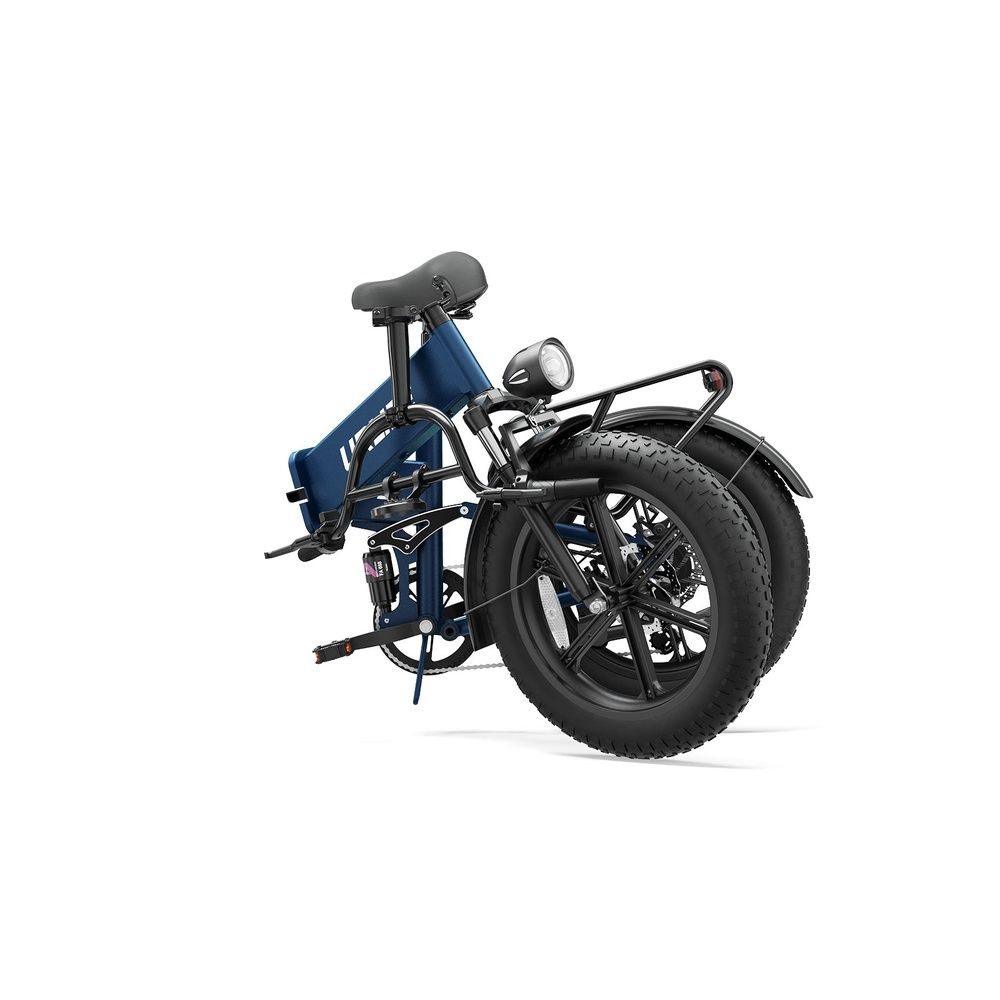 Bicicleta eléctrica UrLife T5 azul plegada sobre fondo blan