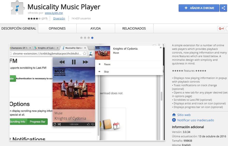 Instalación de Musicality Music Player en Chrome