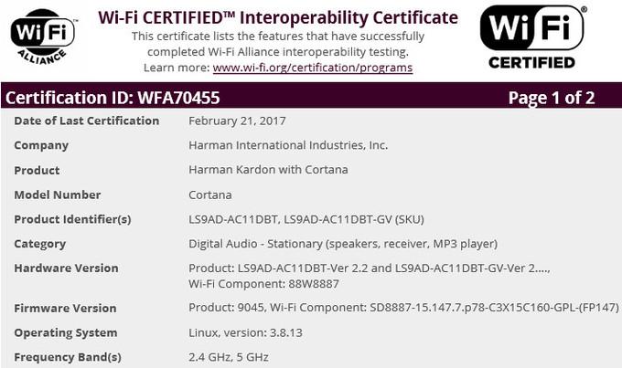Certificación WiFi para el altavoz Harman Kardon con Cortana
