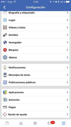 Configuración Facebook en iOS