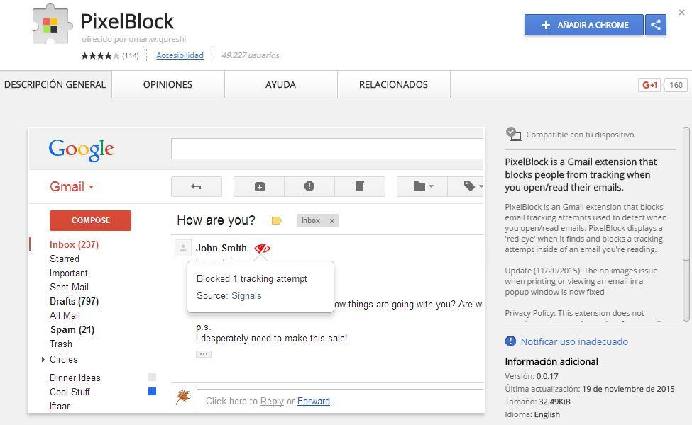 Extensión PixelBlock para evitar que nadie sepa o rastree si lees un correo