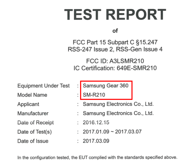 Datos de la Samsung Gear 360 Pro en la entidad FCC