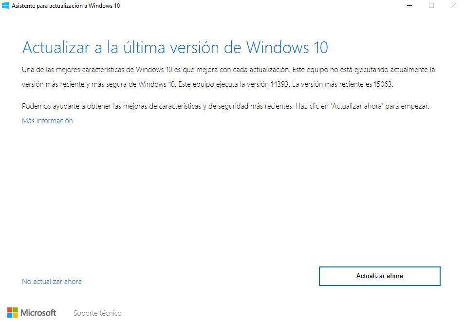 Inicio de asistente e instalación de Windows Creators Update