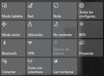 Opciones del Centro de Actividades en Windows 10