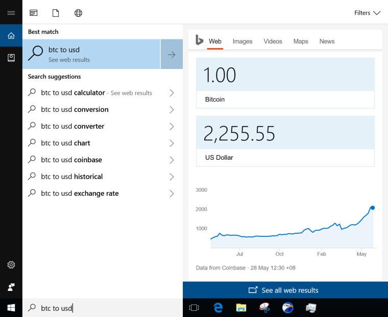 Cambio divisas en las nuevas búsquedas en la web con Cortana