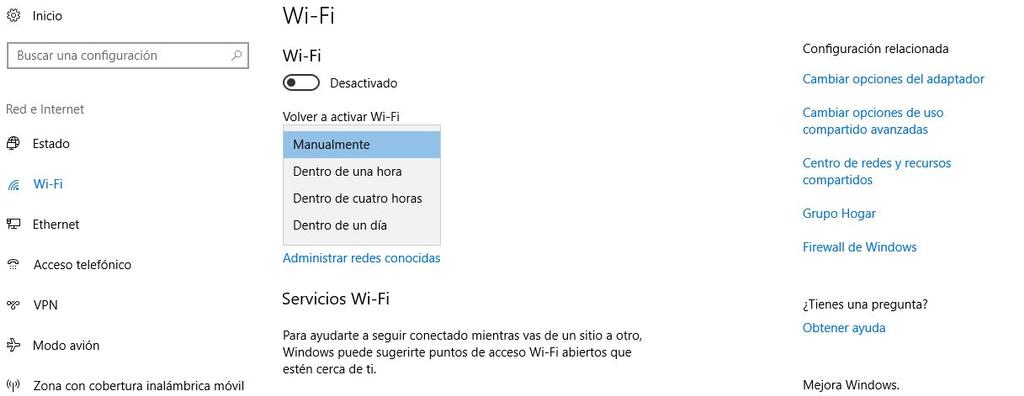 Apagado de la conexión WiFi en Windows 10 en Configuración