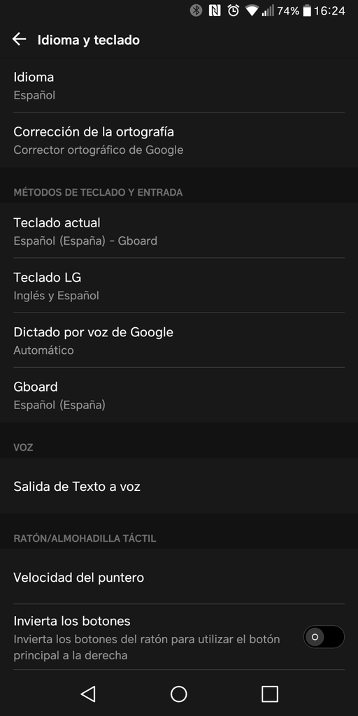Opciones de idioma en Android
