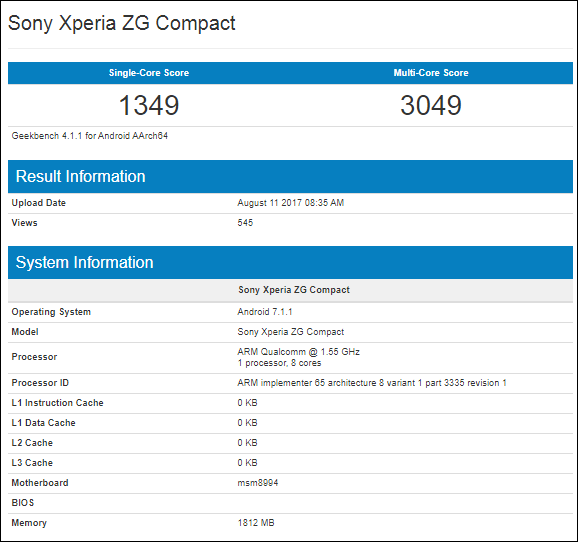 Resultado del Sony Xperia ZG Compact en Geekbench