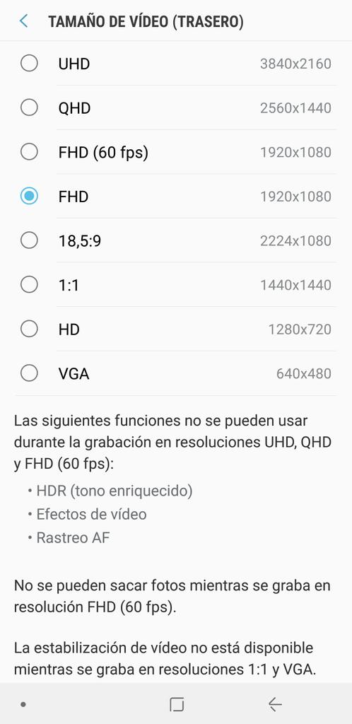 Resolución grabación vídeo Samsung Galaxy Note 8