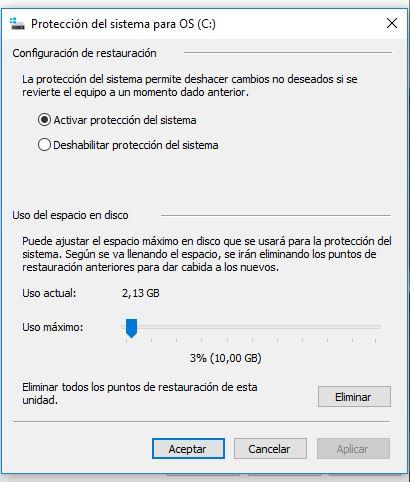 Configuración punto de restauración en Windows 10