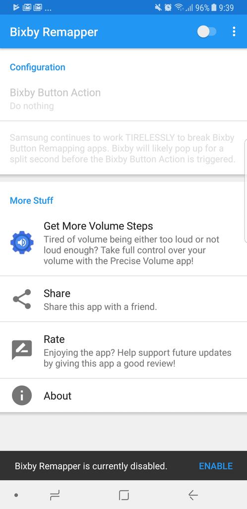 Interfaz de la aplicación para cambiar el uso del botón Bixby