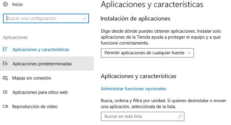 Aplicaicones en la configuración de Windows 10