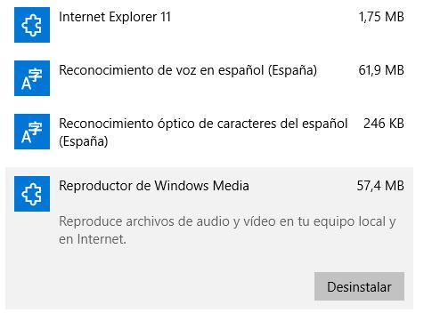 Windows Media Player instalado en Windows 10
