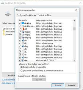 indización para buscar archivos en Windows 10
