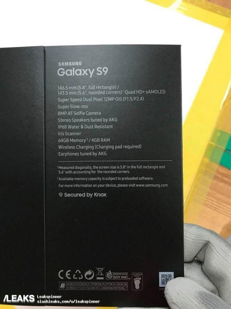 Características en la caja del Samsung Galaxy S9