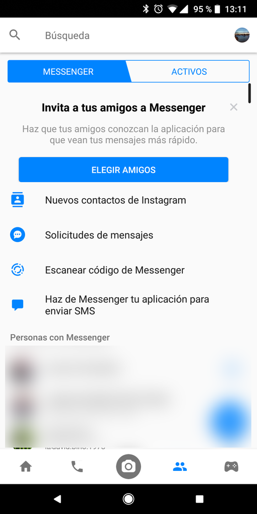 Opciones de contactos activos en Facebook Messenger