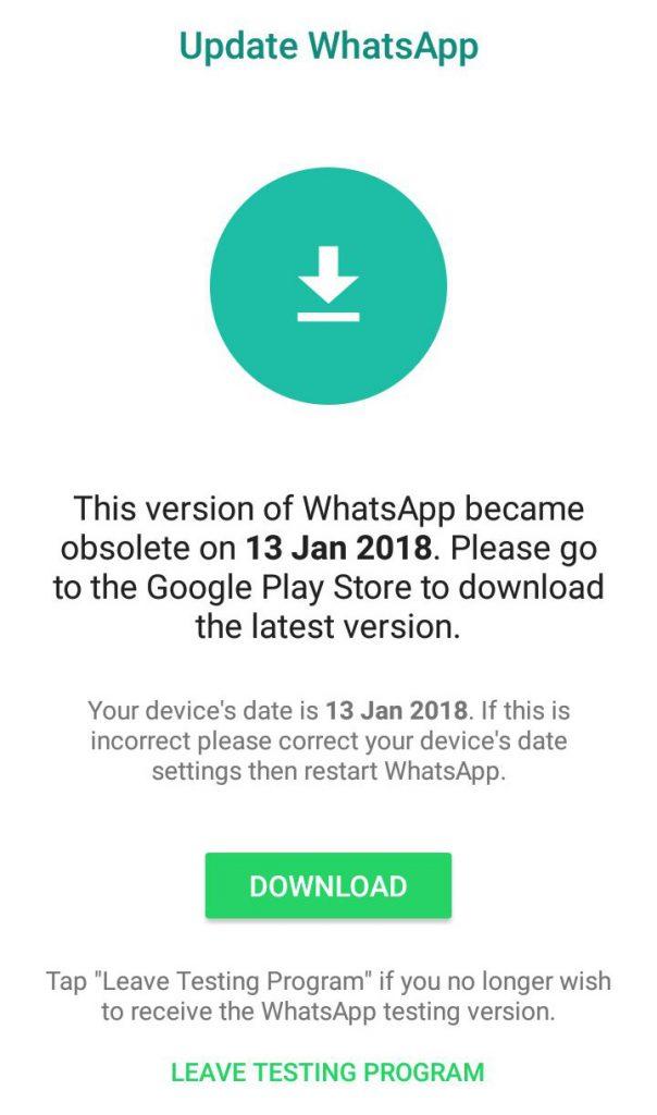 Aviso de fallo de versión obsoleta en WhatsApp