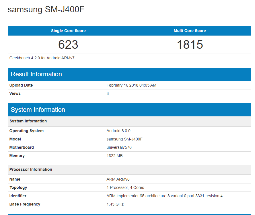 Resultado en Geekbench con el Samsung Galaxy J4