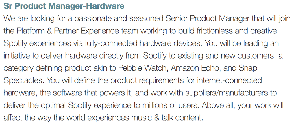 Oferta de trabajo de Spotify para Hardware