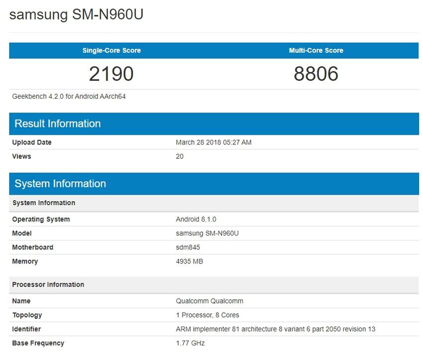 Samsung Galaxy Note 9 en prueba de rendimiento Geekbench