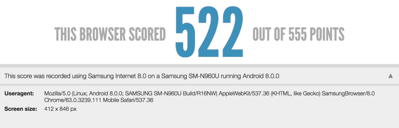 Resultados tes HTML 5 del Samsung Galaxy Note 9