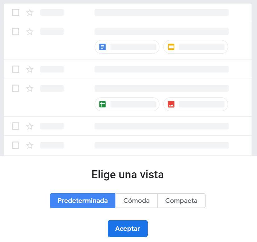 Opciones de visualización al activar el nuevo diseño de Gmail