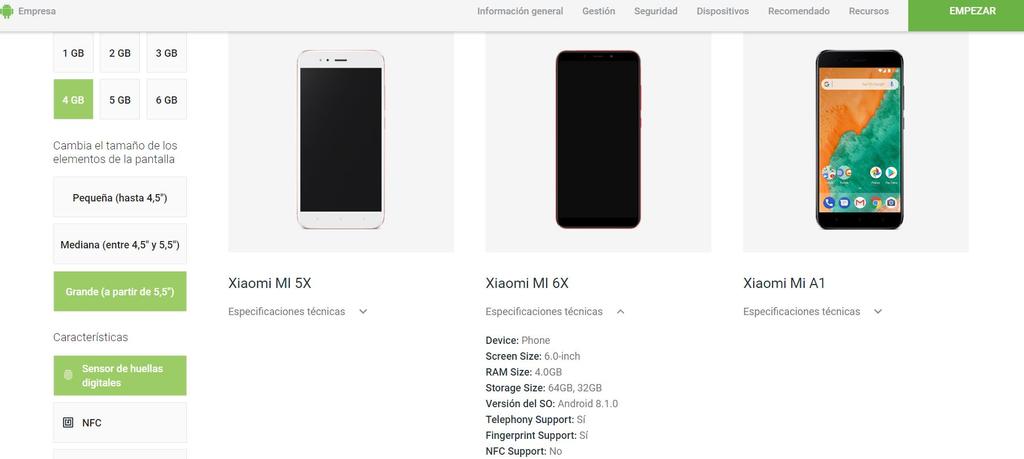 Xiaomi Mi A2 en la página web de Android