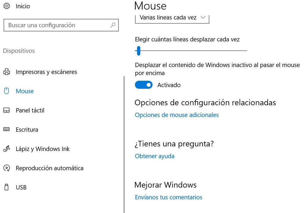 Opciones ratón en Windows 10
