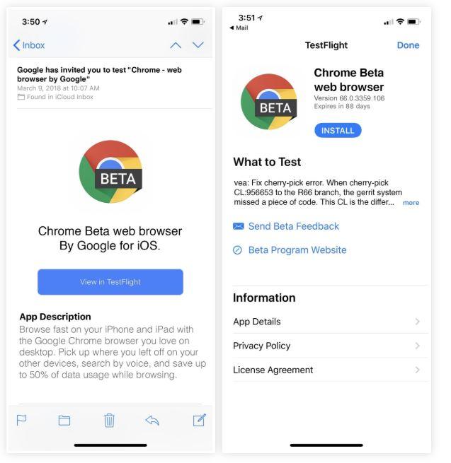 Uso de versión de prueba de Chrome para iOS