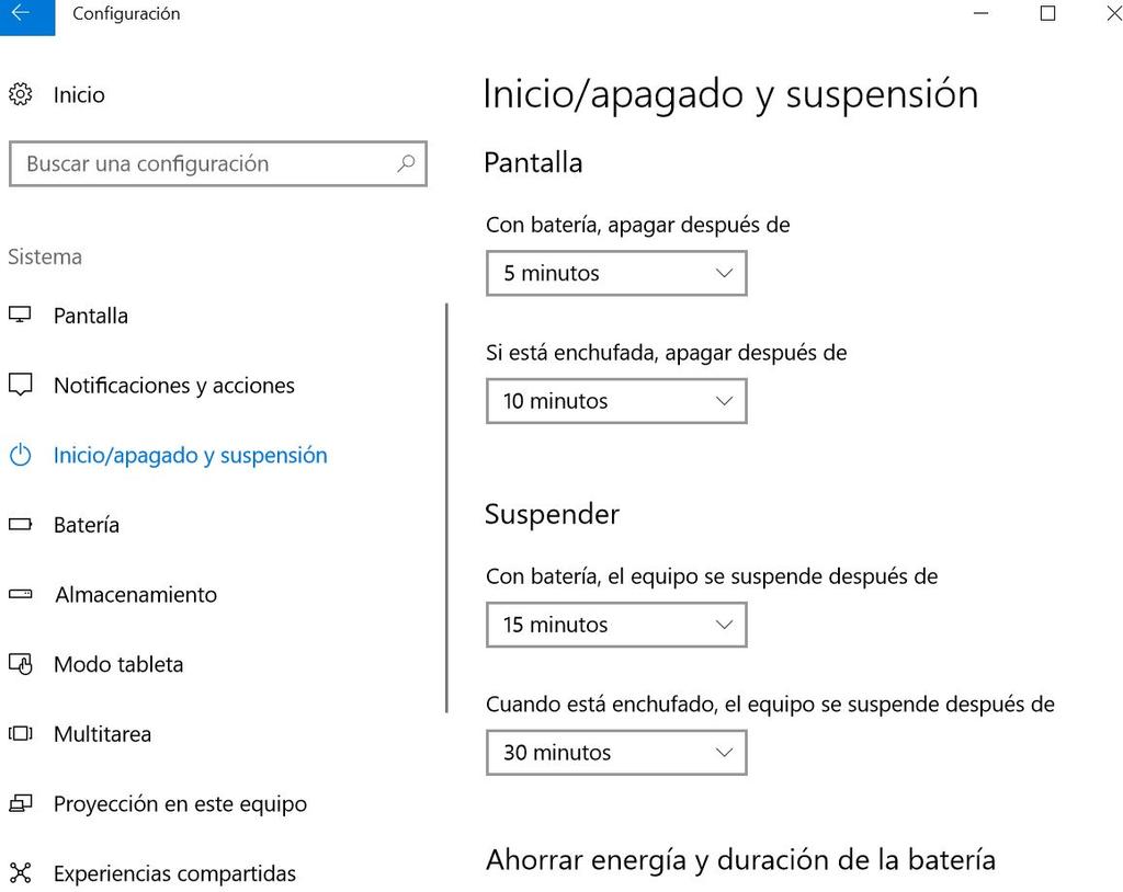 Opciones apagado pantalla en Windows 10