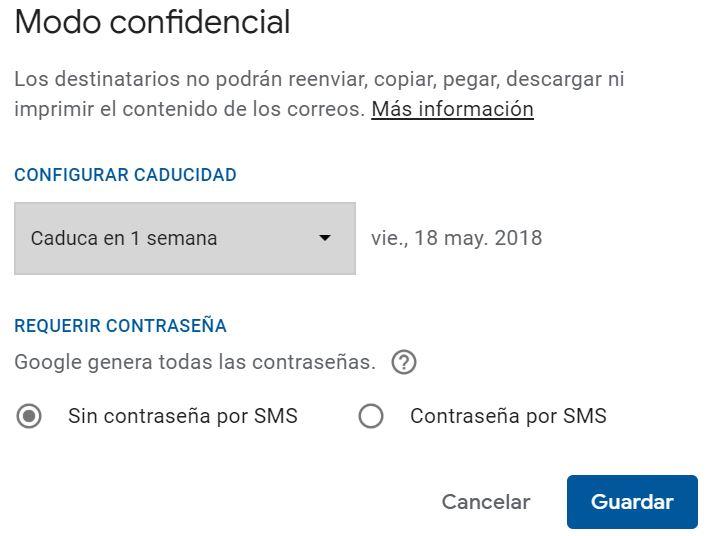 Opciones modo confidencial Gmail