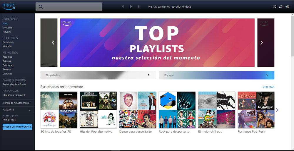 Interfaz web de Amazon Prime Music