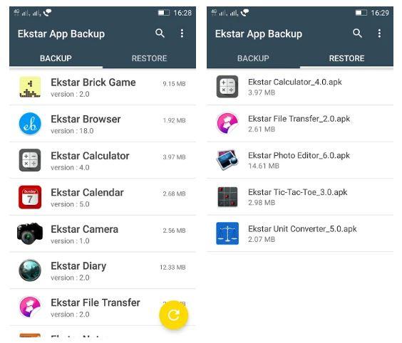 Aplicación Ekstar App Backup