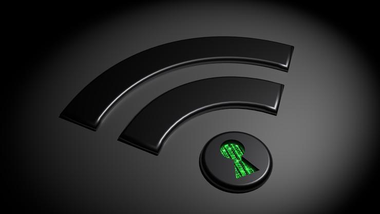 Logotipo de coneción WiFi con fondo negro y llave de seguridad