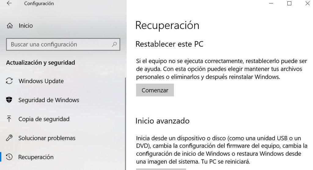 Restablecer PC con Windows 10