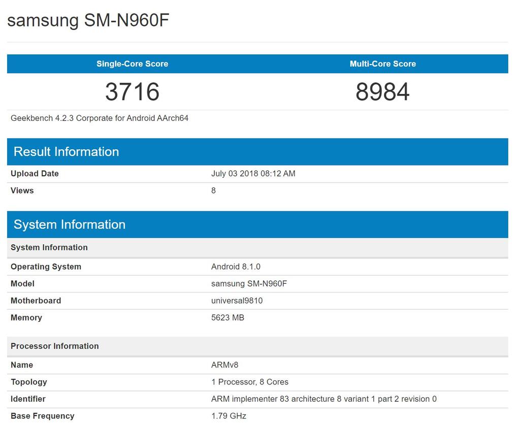 Samsung Galaxy Note 9 en la prueba Geekbench