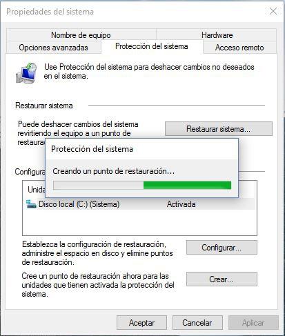 Creación punto de restauración en Windows 10