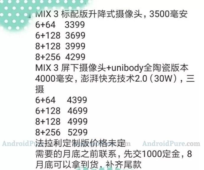 Precios del smartphone Xiaomi Mi Mix 3