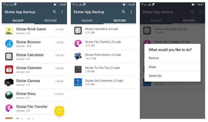 Aplicación Ekstar App Backup & Restore