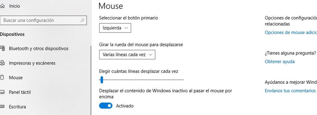 Opciones de configuración del ratón en Windows 10