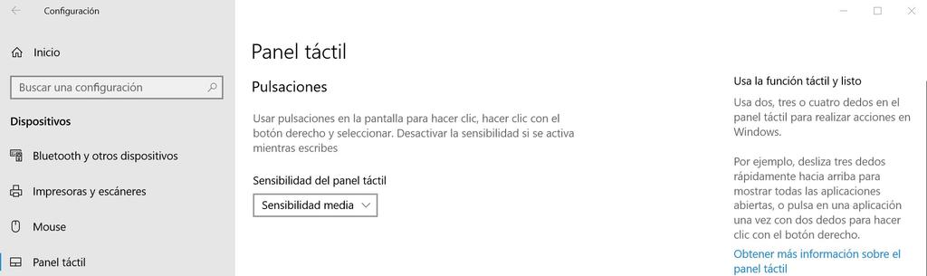 Opciones panel táctil en Windows 10
