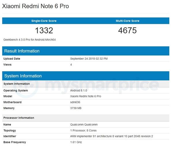 Xiaomi Redmi Note 6 Pro en la prueba GeekBench
