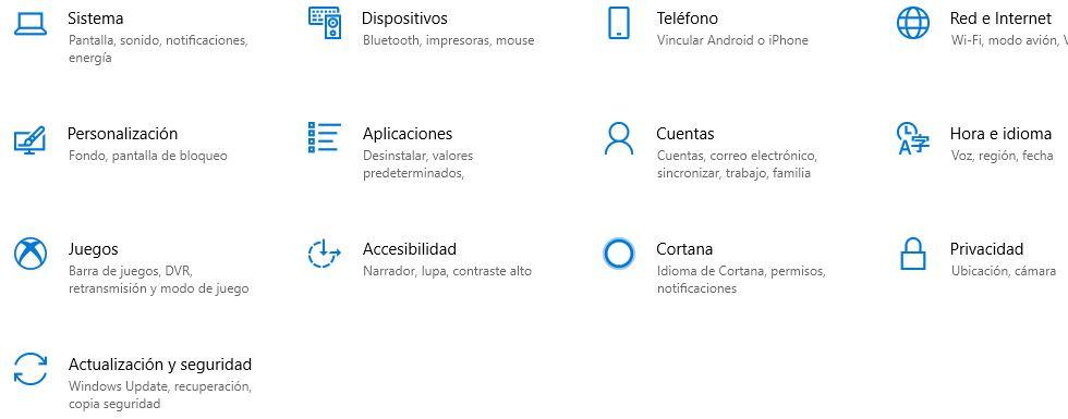 Opciones de configuración en Windows 10